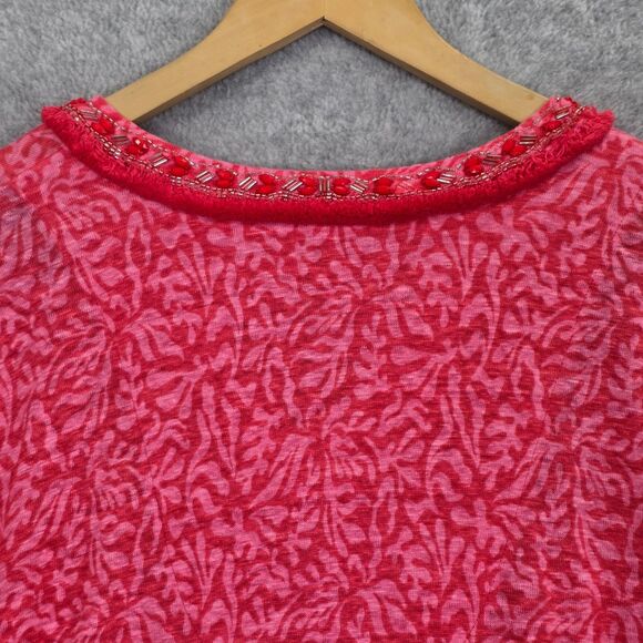 Chico’s Size 3 XL Reef Pink Red Linen Beaded Embellished Split Neck Tunic Top - Picture 8 of 14